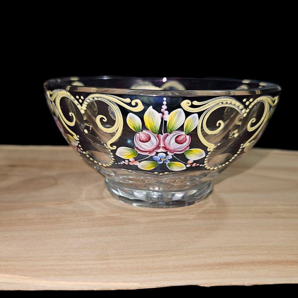 Bohemia Czechoslovakia 24% Lead Crystal Hand Painted Floral Art Glass Bowl